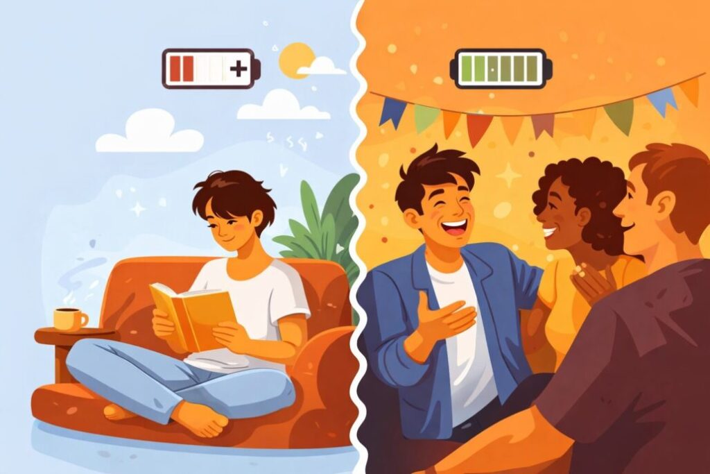 Illustration zeigt zwei Persönlichkeitsarten: Eine Person entspannt allein mit einem Buch, während andere Menschen in einer Gruppe Energie aus Gesprächen und sozialen Begegnungen ziehen.