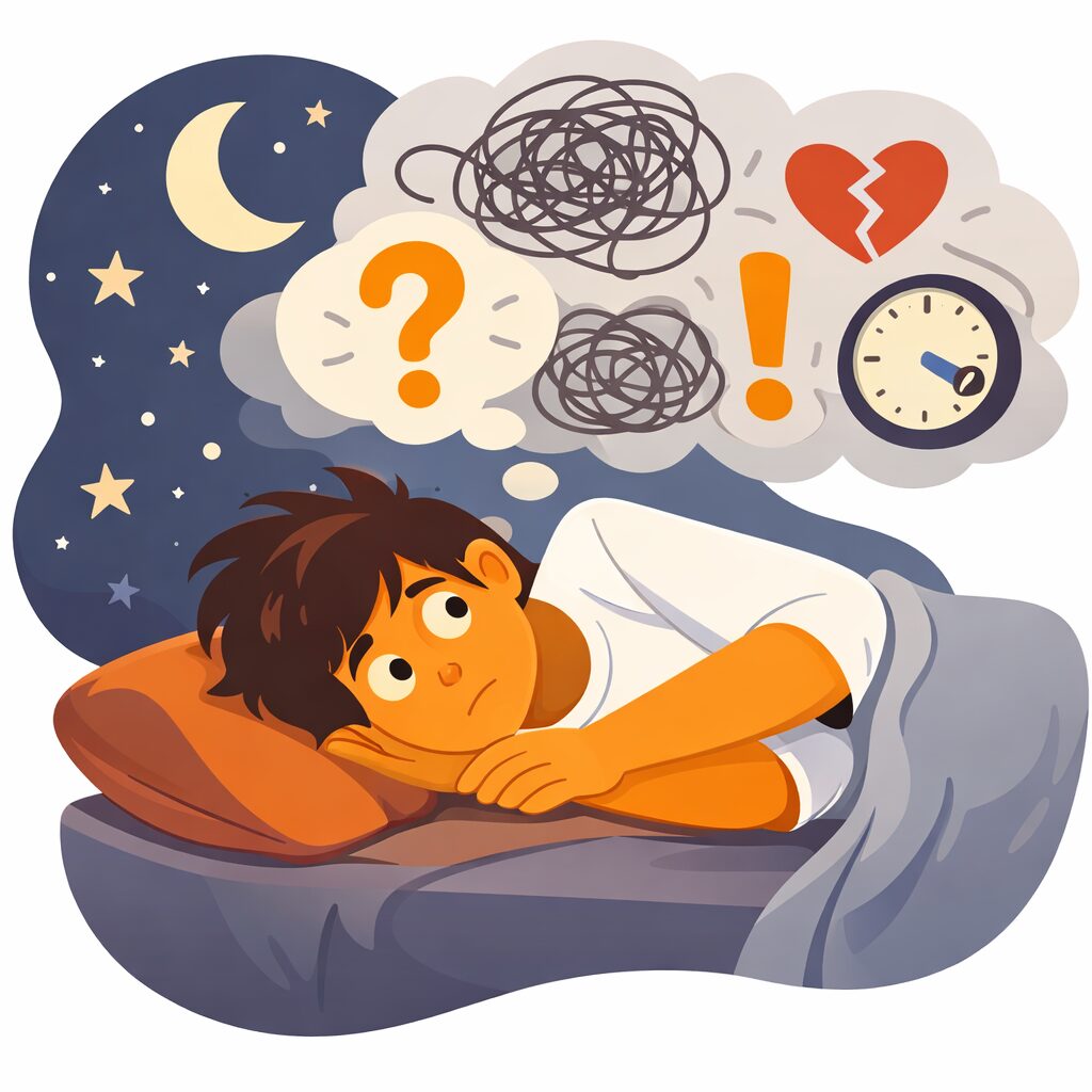 Overthinking: Junge Person liegt nachts wach im Bett und denkt über viele Dinge nach, dargestellt mit Gedankenwolken, Fragezeichen und Mond.