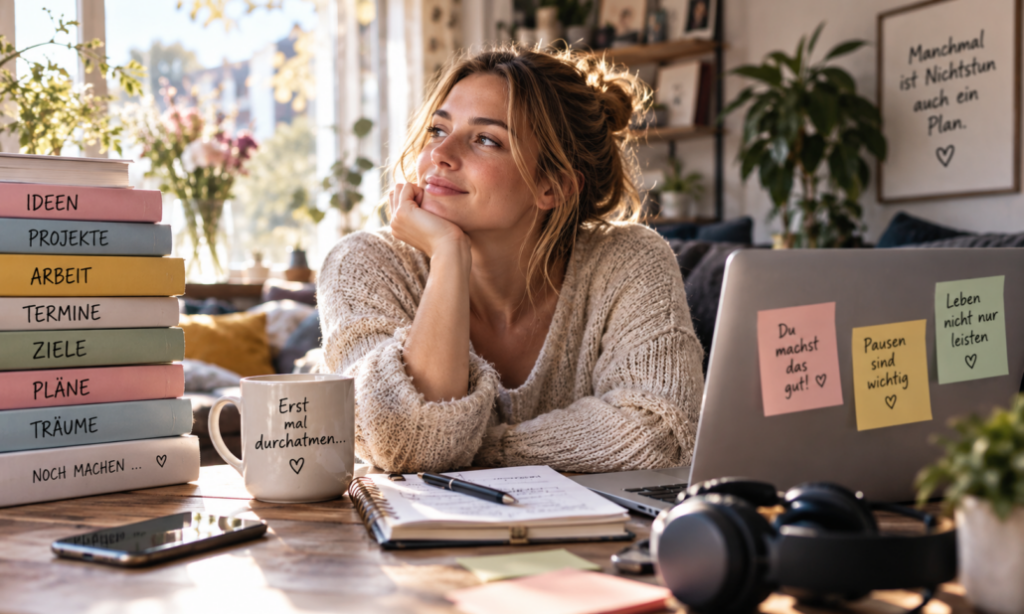 Frau zwischen Arbeit und Pause – Symbolbild für ständige Beschäftigung, Leistungsdruck und das Bedürfnis nach Ruhe.